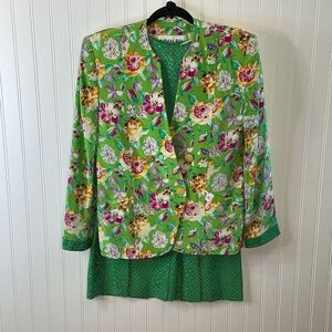 Adolfo New York 3 Piece 100% Silk Suit Women’s Size 10 Green Multi Color Floral